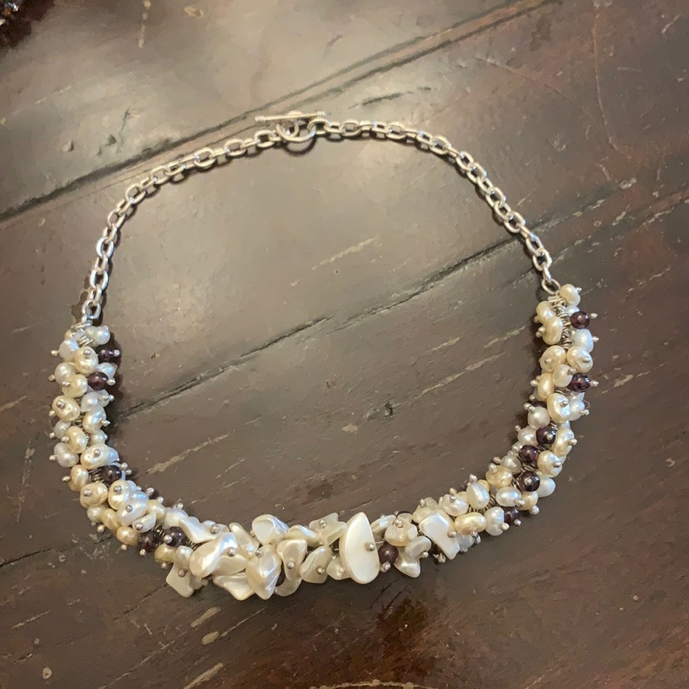 Sterling silver freshwater pearls and garnet necklace